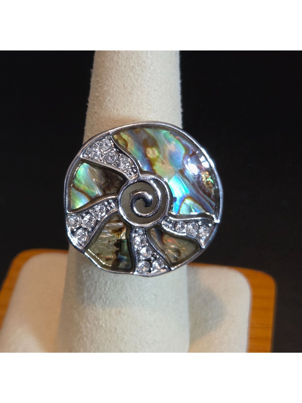 Abalone Shell Silver Tone Reiki Energy Symbol Cocktail Ring Size 8